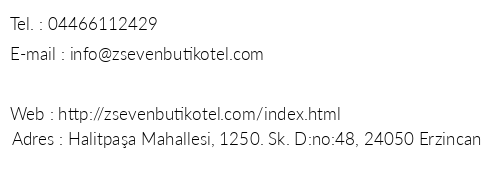 Zseven Butik Otel telefon numaralar, faks, e-mail, posta adresi ve iletiim bilgileri